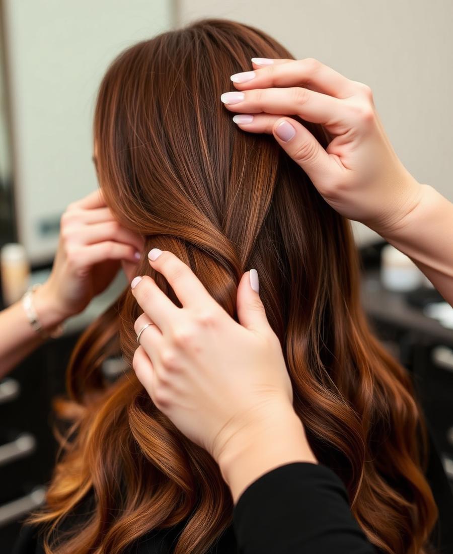 Especialista trabajando color y ondas en cabello castaño